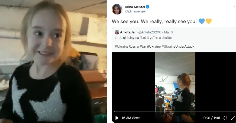 a little girl named amelia smiling after singing “let it go” while in a bomb shelter in ukraine and a screenshot of a tweet from idina menzel where she responded to a video of amelia singing “let it go”