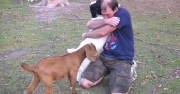 man hugging goat