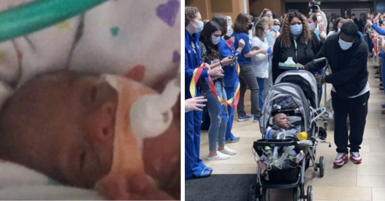 two-photo collage. on the left there is a picture of baby kendall in the nicu and on the right there is a picture of kendall leaving the hospital.