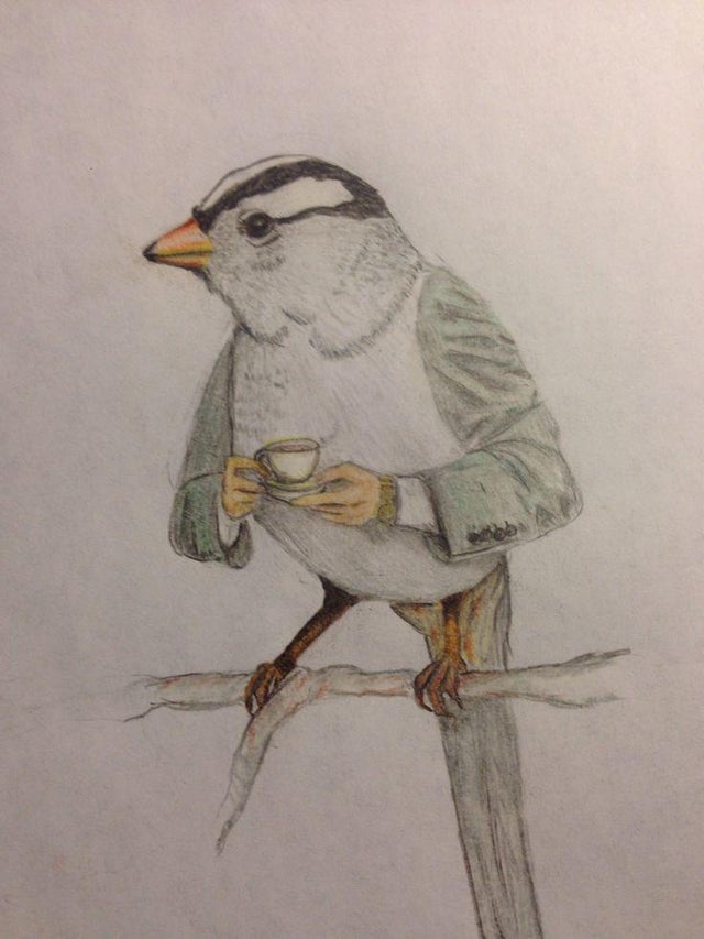 a drawing of a bird with human arms who is holding a cup and sitting on a branch