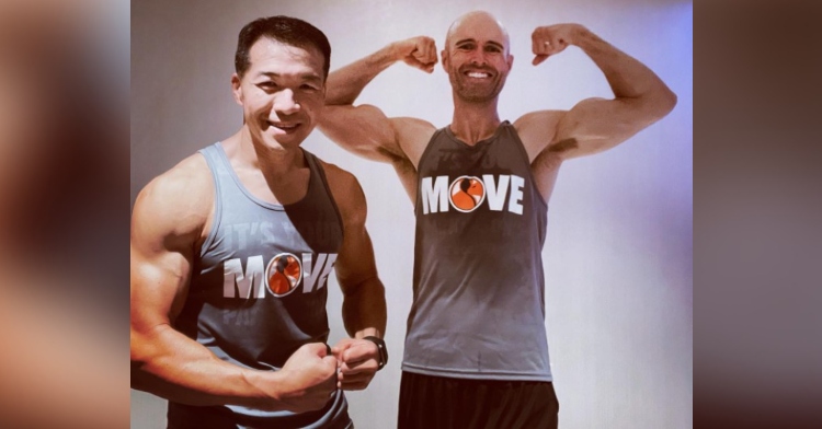 a man named jimmy choi smiling and flexing his muscles next to a man named bryan hill who is doing the same thing