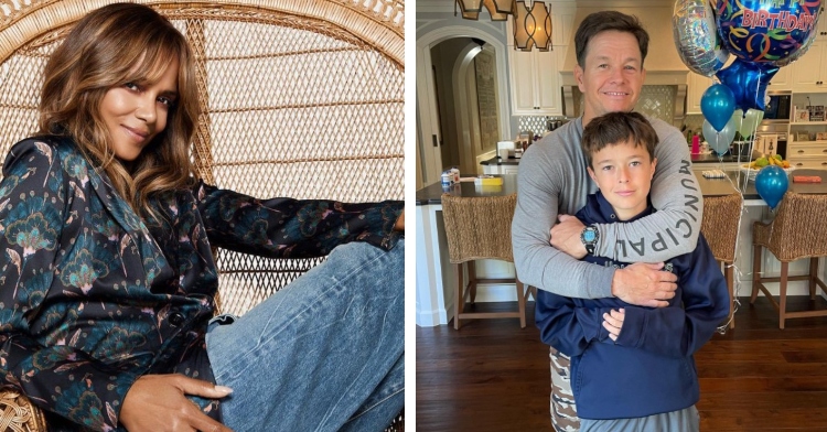 halle berry smiling as she sits in a chair and mark wahlberg smiling and posing with his son in a kitchen with birthday decorations