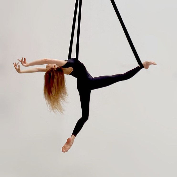 aerialist named erika lemay performing with black silk ropes