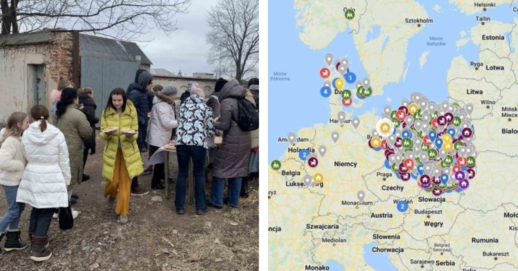 ukrainian refugees waiting in line for free food at the rava-ruska border between ukraine and poland and a screenshot of a map showing the locations of homes in poland that are open to ukrainian refugees
