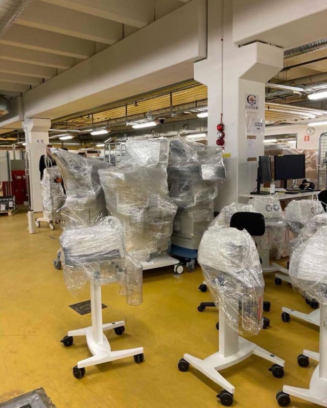 wrapped up medical and hospital equipment in stockholm swededn that will be sent to ukraine 