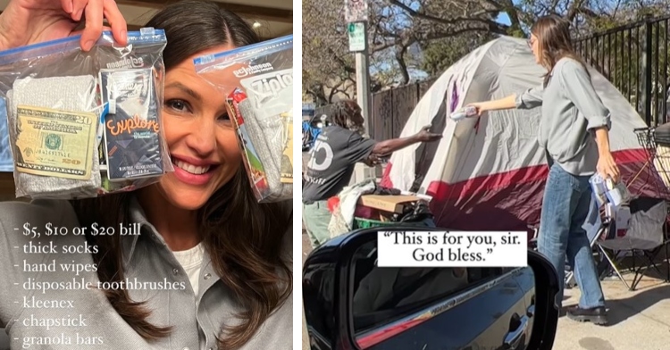 jennifer garner smiling as she holds up two ziplock bags with cash, thick socks, hand wipes, disposable tooth brushes, kleenex, chapstick, and granola bars and jennifer garner handing a man who is standing near his tent on the side of the street one of those ziplock bags