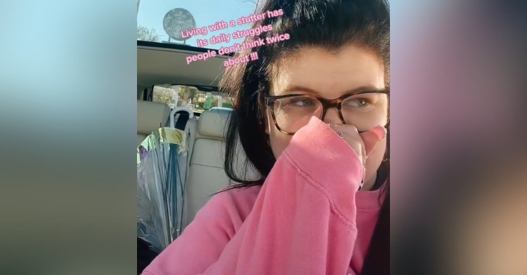 text that reads “living with a stutter has its daily struggles people don’t think twice about !!!” on top of a screenshot of a woman named jessie davies covering her mouth from nervousness as she prepares to order from a drive-thru for the first time at 28-years-old