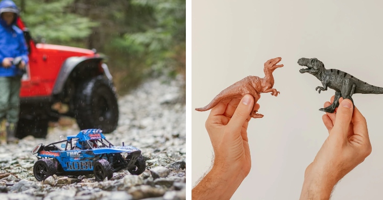 closeup of a blue remote control car as someone stands by a vehicle in the distance as they control it and a closeup of a man holding two different dinosaur toys as if they're interacting