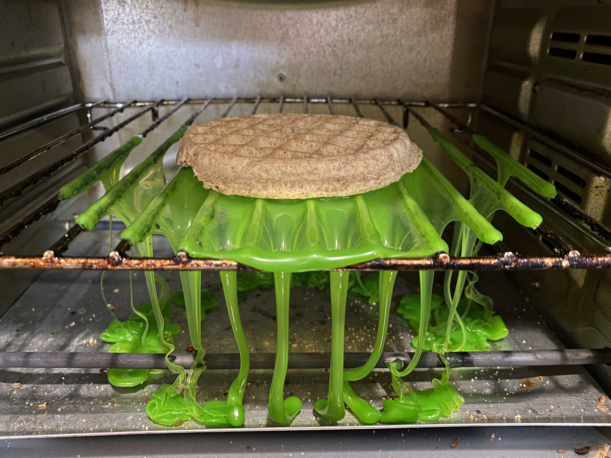 melted green plastic in the oven