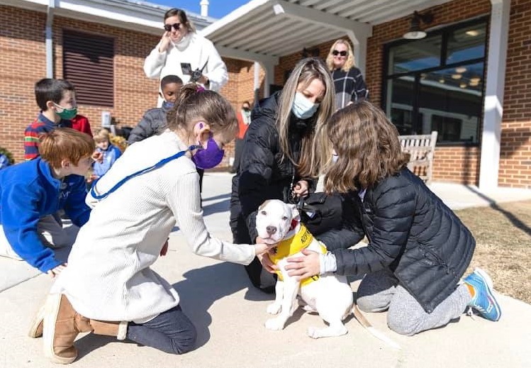 students meeting shelter dog