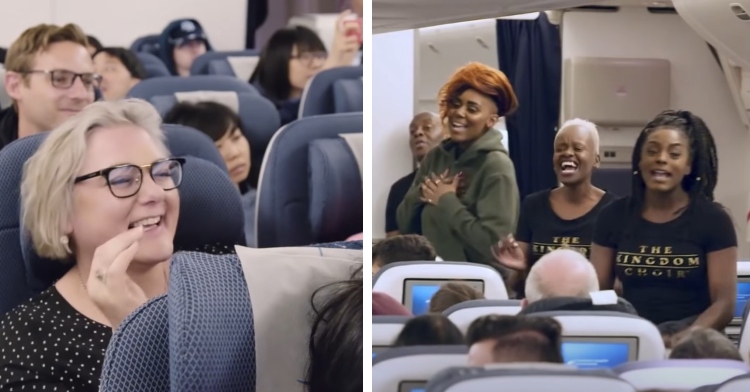 passengers on a plane smiling as they watch kingdom choir performing and four members of kingdom choir singing on a british airways plane