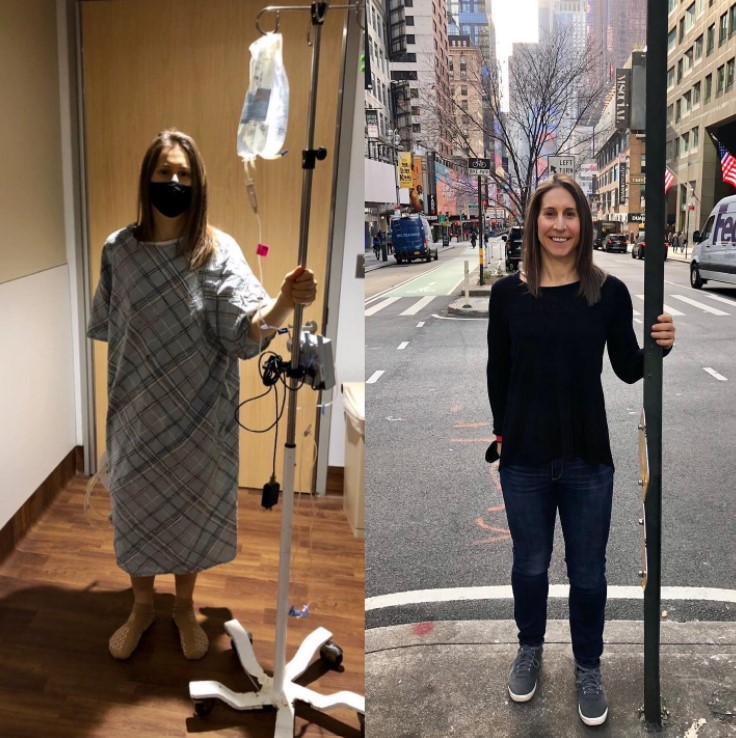 two photos, one of a woman holding her intravenous pole post-op after donating her kidney and the other of the same woman holding a light pole on a street corner one year after surgery