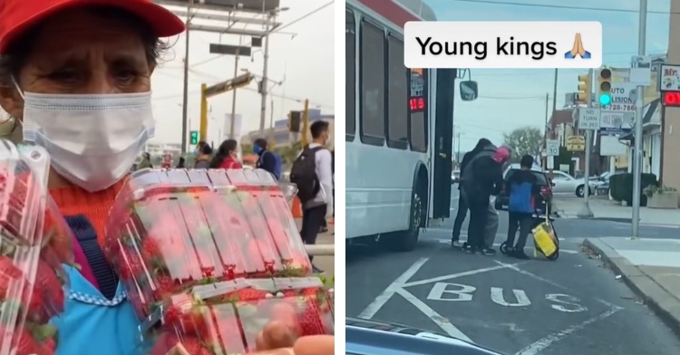 a woman wearing a hat and a face mask grabbing money from someone while also holding four cartons of strawberries and a group of three young boys helping an elderly man who has just gotten out of the nearby bus, as seen from the view of someone sitting in a car from at a distance