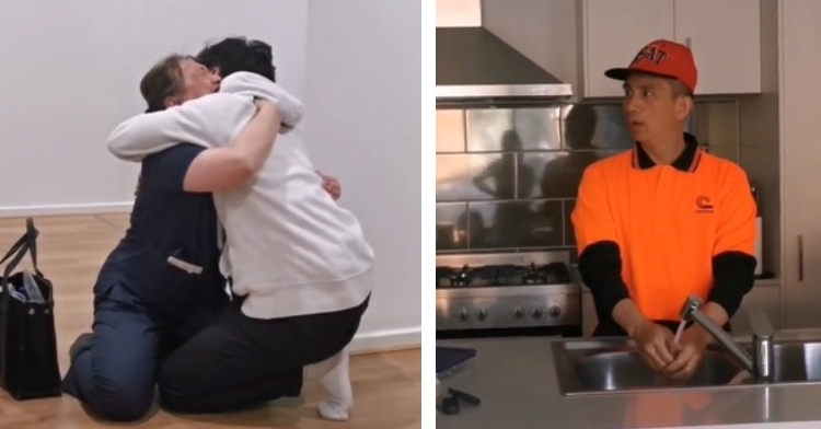 a two-photo collage. the first is of a son and mom on the floor as they hug. the second is of a dad with his mouth open in shock as he washes a dish in the sink.