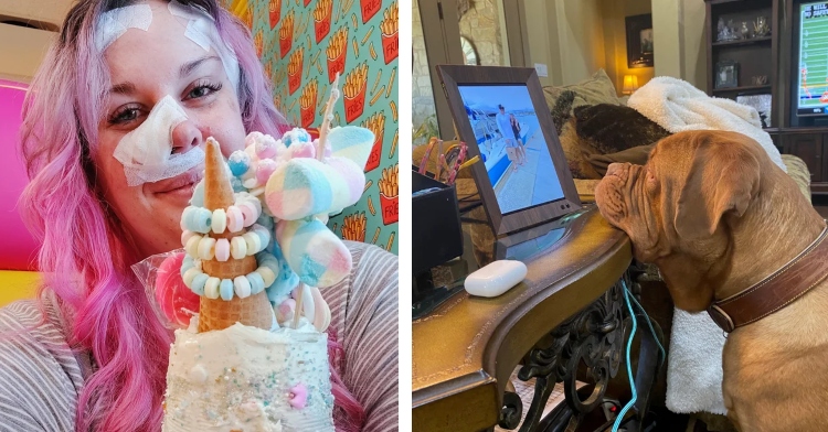 a woman with bandages on her face after having surgery to remove skin cancer smiling as she poses with a colorful unicorn milkshake and a large brown dog resting her head on a table with a digital photo frame showing a photo of his owners who are away on vacation
