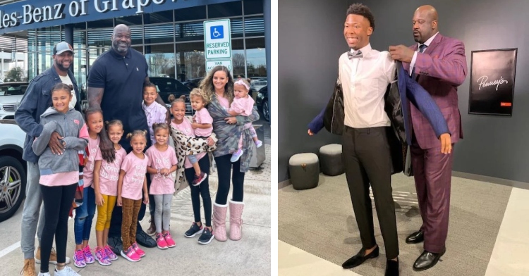 shaquille o’neal smiling as he poses with a family of 11 at a mercedes-benz of grapevine and shaquille o’neal helping kylon owens put on a suit jacket as the 17-year-old smiles from ear to ear