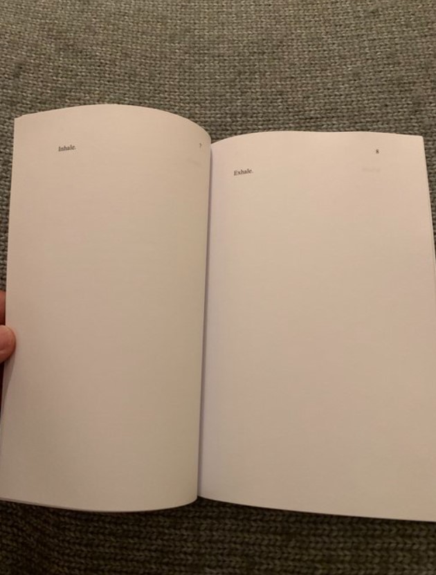 the inside of the book "a guided meditation for beginners" by david ploof with two pages that simply read "inhale." on one and "exhale." on the other