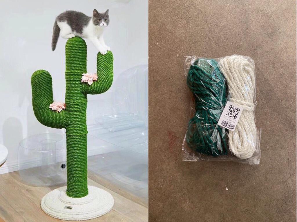a cactus cat scratching post with a small grey and white cat on top next to a photo of the product as it arrived: two skeins of yarn