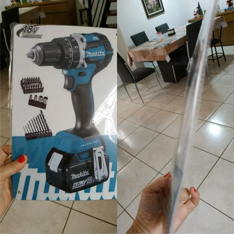 a photo of someone holding what appears to be a package containing a drill and another photo of that same person holding the package sideways, showing that it's just a photo of a drill