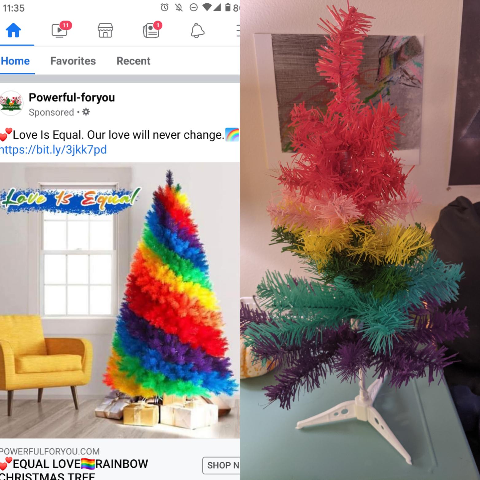 screenshot of an ad for a tall rainbow christmas tree next to a photo of the tree advertised in real life which is actually table sized