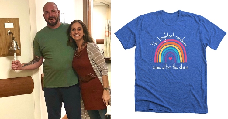 a man named adam miskow and a woman named jill ford posing and smiling as adam rings a bell in celebration of finishing his radiation treatment and a t-shirt from bonfire by team adam that is blue and reads "the brightest rainbows come after the storm"
