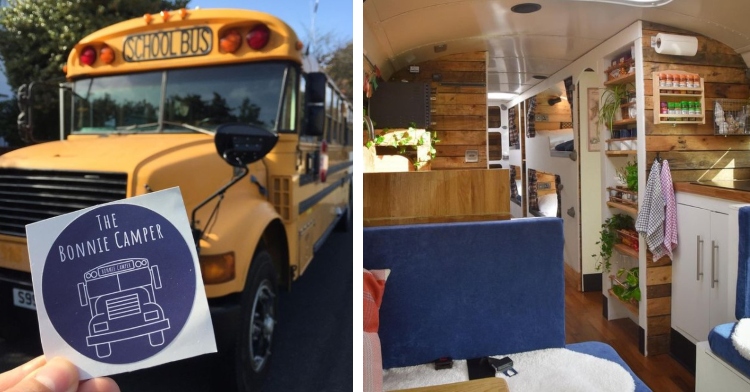 exterior of a renovated school bus with a hand holding up a sticker with a bus that reads “the bonnie camper” and an interior photo of the bonnie camper that focuses on the kitchen as seen from the dining area