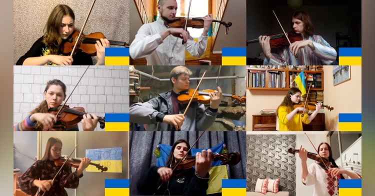 screenshot of a video put together by british violinist kerenza peacock where she edited together nine videos of ukrainian violinist playing the Ukrainian folk song “verbovaya doschechka” on their instruments