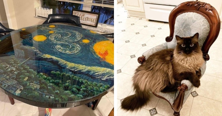 a round kitchen table with a clear top that has "the starry night" created with melted crayons and a fluffy cat sitting on a cat-size antique salesman's sample chair