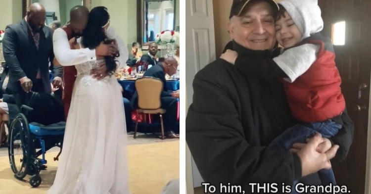 a two-photo collage. the first is of a bride and a groom having their first dance. the groom’s wheelchair is behind him and is being held by another man. the groom has his arms wrapped tightly around his bride. the second is of an elderly man who is holding a little boy in his arms as they pose for a photo. the elderly man and the little boy are both smiling, and the boy has his eyes closed. the image is captioned with “to him this is grandpa.”