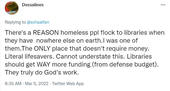 Tweet by Dessalines: There's a REASON homeless ppl flock to libraries when they have  nowhere else on earth.I was one of them.The ONLY place that doesn't require money. Literal lifesavers. Cannot understate this. Libraries should get WAY more funding (from defense budget). They truly do God's work.