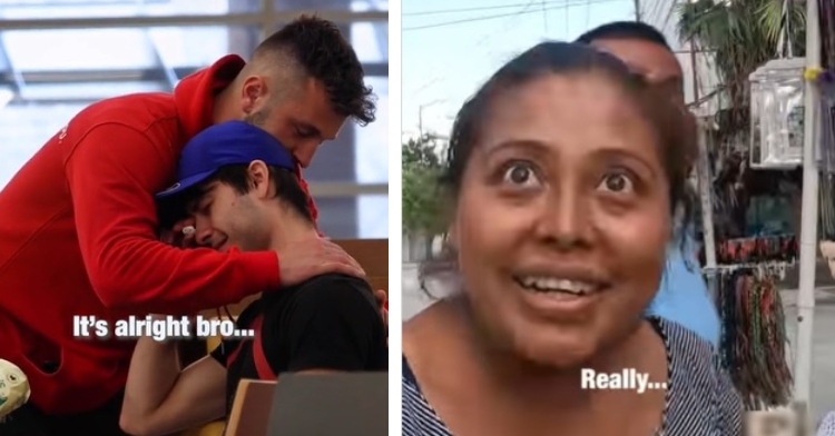 a two-photo collage. the first is of zachery dereniowski hugging a crying stranger who is sitting down. it’s captioned with "it’s alright bro…" the second is a closeup of a woman who is speaking. it's captioned with "really…"