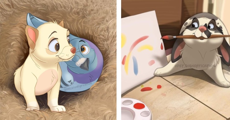 one photo is an animated portrait in a 2d style reminiscent of disney and dreamworks. There’s a rescue pigeon named herman comforting a small rescue puppy at the mia foundation. the portrait was made by a dutch illustrator named isa. the other photo is an animated portrait in the same style. this one is of a bunny named bini who is painting using a paintbrush in her mouth. it also by isa.