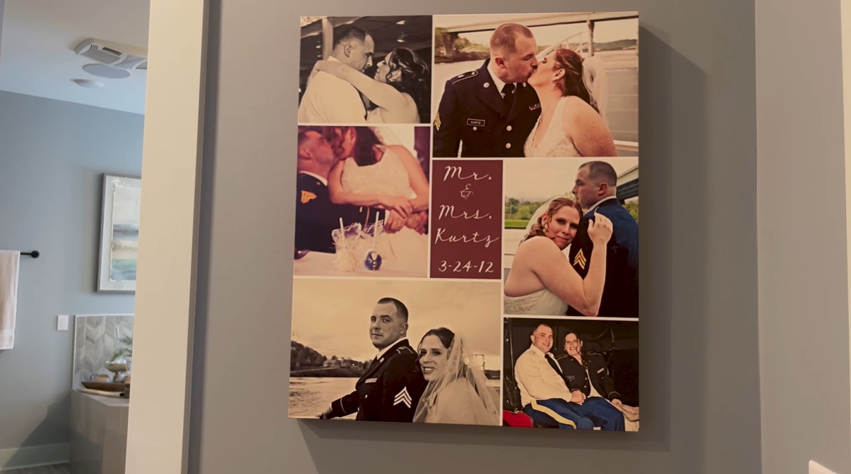closeup of a canvas with a collage of photos that is hanging on the wall of retired u.s. army sergeant christopher kurtz's new smart home. the photos come from him and his wife heather's wedding day. in the center it reads 