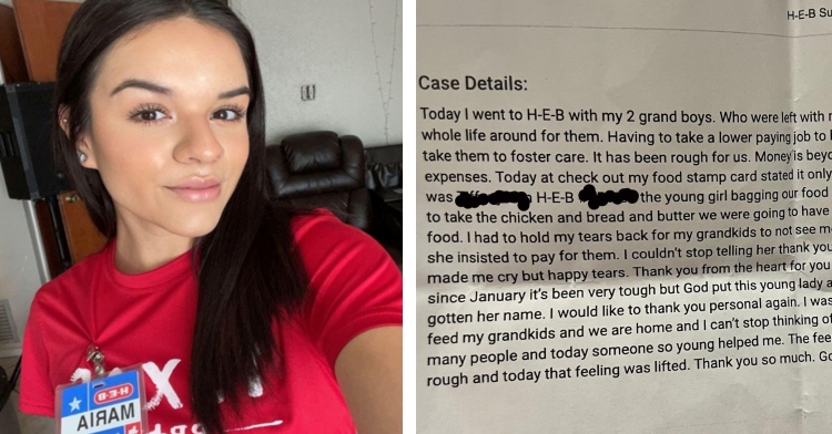 a two photo collage. the first is a selfie of marie balboa. she is smiling and wearing her h-e-b uniform. the second is a photo of a note from a woman who went to an h-e-b store and had her groceries paid for by the bagger, maria balboa. in it she thanks her for her kindness and explains that she's been taking care of her two grandkids, alone, since january 2021 after their mother left them. she works a low-paying job and is barely getting by.