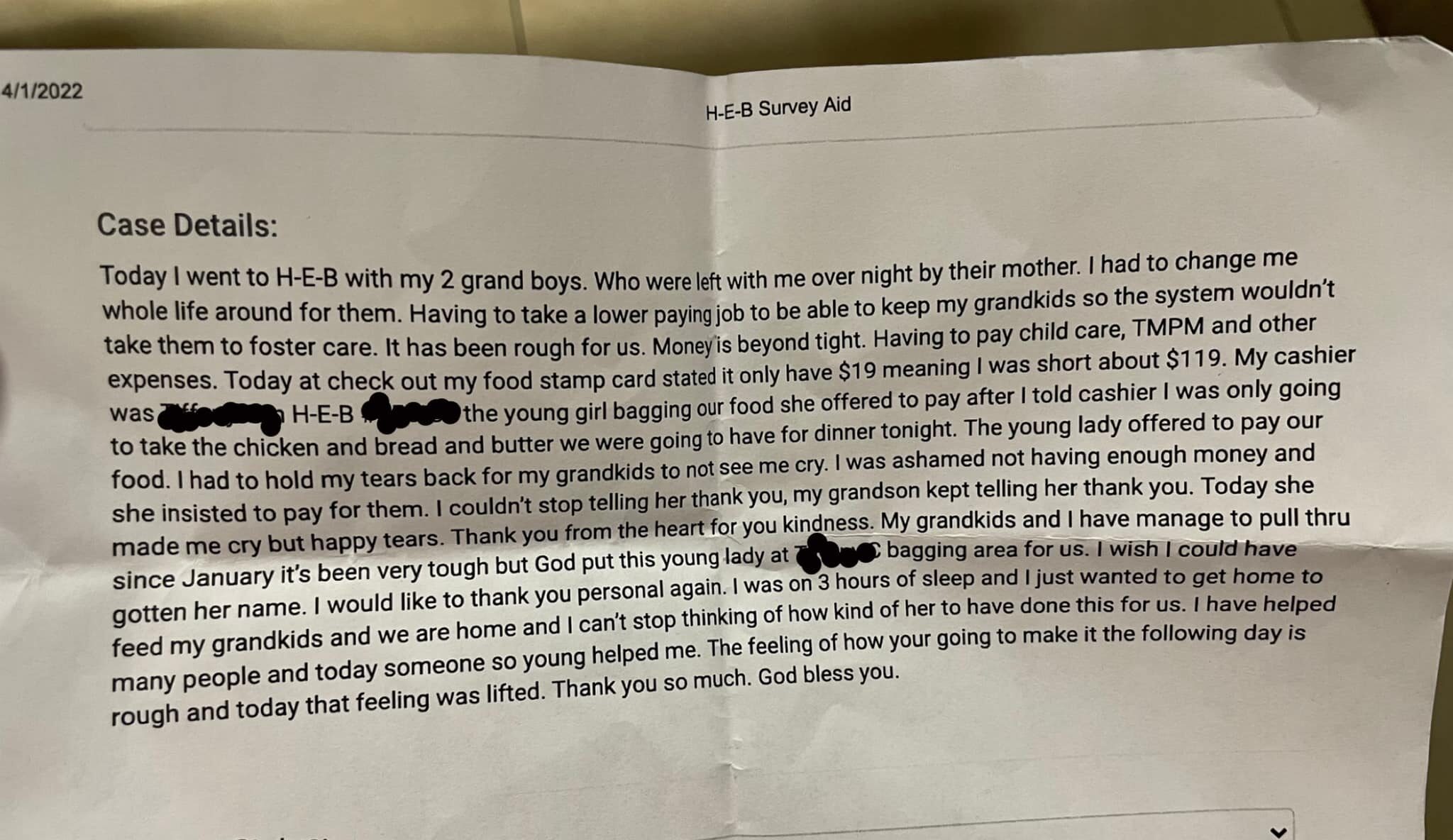 photo of a note from a woman who went to an h-e-b store and had her groceries paid for by the bagger, maria balboa. in it she thanks her for her kindness and explains that she's been taking care of her two grandkids, alone, since january 2021 after their mother left them. she works a low-paying job and is barely getting by.