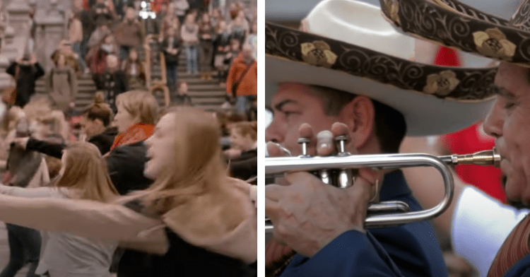 a two-photo collage. the first shows a group of people dancing. the second is a closeup of a man playing an instrument with his mouth.