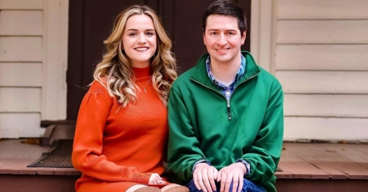 tiktok stars brittany and ryan mcguire smiling as they sit on front porch steps.