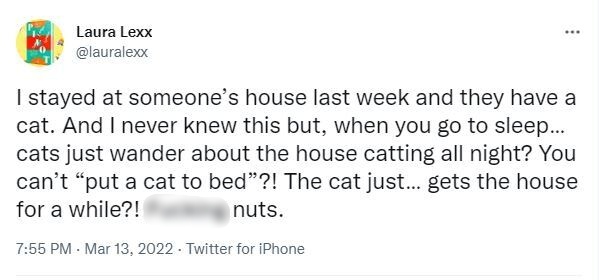 tweet from user @lauralexx that reads "I stayed at someone’s house last week and they have a cat. And I never knew this but, when you go to sleep… cats just wander about the house catting all night? You can’t “put a cat to bedâ€?! The cat just… gets the house for a while?! %*@(* nuts."
