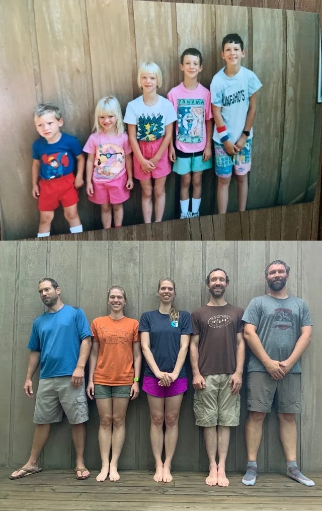 a two-photo collage. the first is of five kids lines up against an outside wall of their grandmother's house. the second is of those same five kids, 30 years later, recreating the photo in the same location.