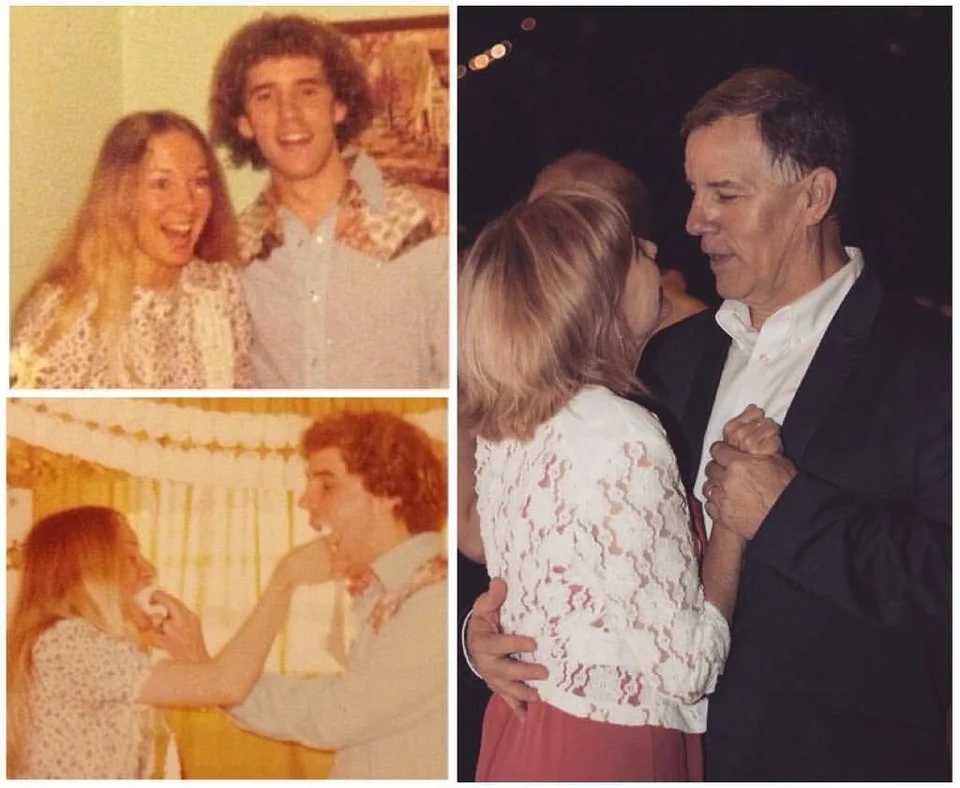 a three-photo collage. the first is of a couple, a woman and a man in 1977, smiling at their wedding. the second is of the same couple feeding each other a slice of wedding cake. the third is of the same couple in 2014. they're dancing at their daughter's wedding.