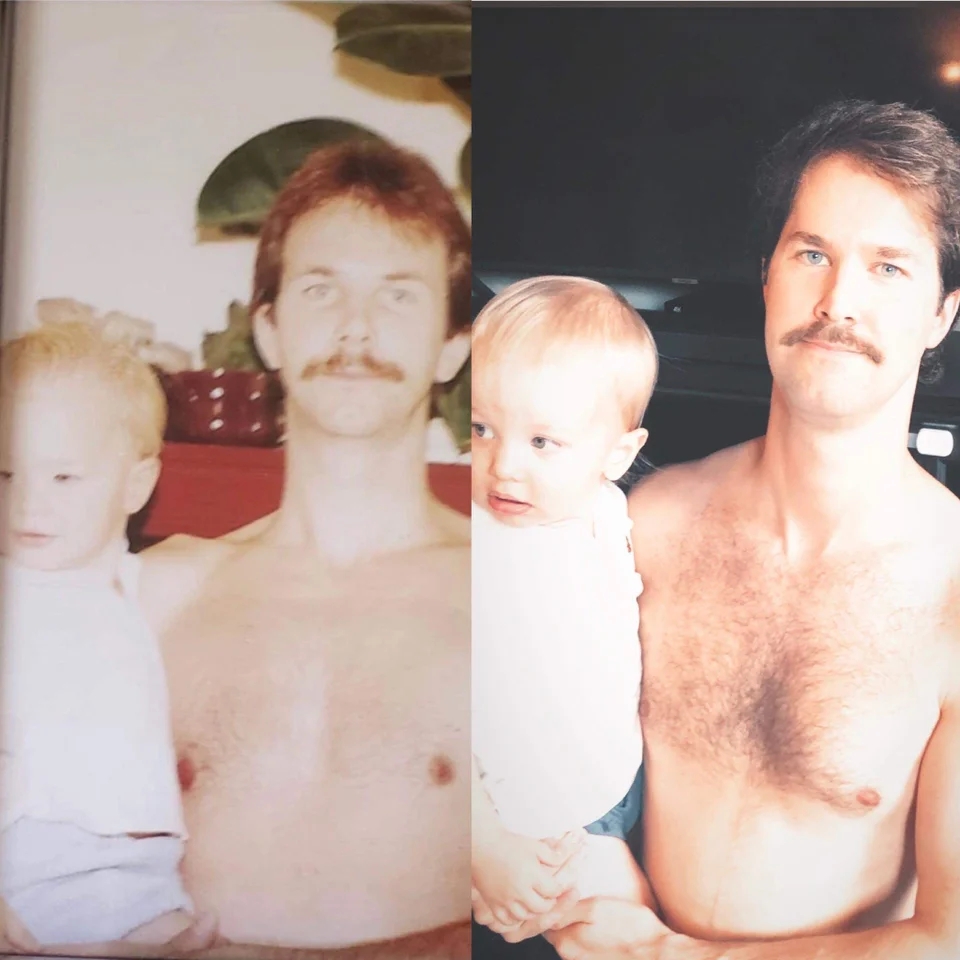 a two-photo collage. the first is of a shirtless man with a mustache holding his baby boy in 1987. the second is of the baby from the first photo now that he's an adult. he is recreating the first photo with his own son and looks very similar to his own dad in 1987.