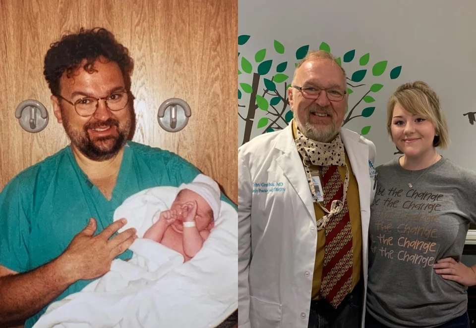 a two-photo collage. the first is of a doctor smiling as he holds the newborn he delivered. the second is of that same doctor smiling and posing with a woman. she was the baby from the first photo and now works with him 21 years after he delivered her.