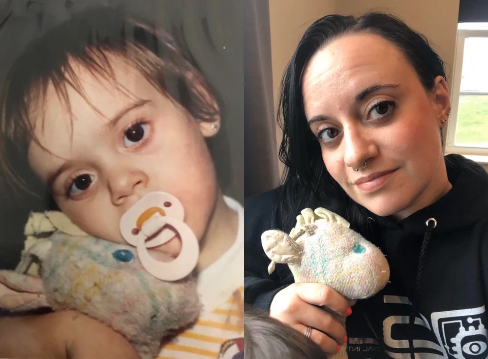 a two-photo collage. the first is of a little girl who has a pacifier in her mouth and a stuffed animal that she's holding. the second is of that same girl who is now a woman. she is smiling and holding that same stuffed animal.