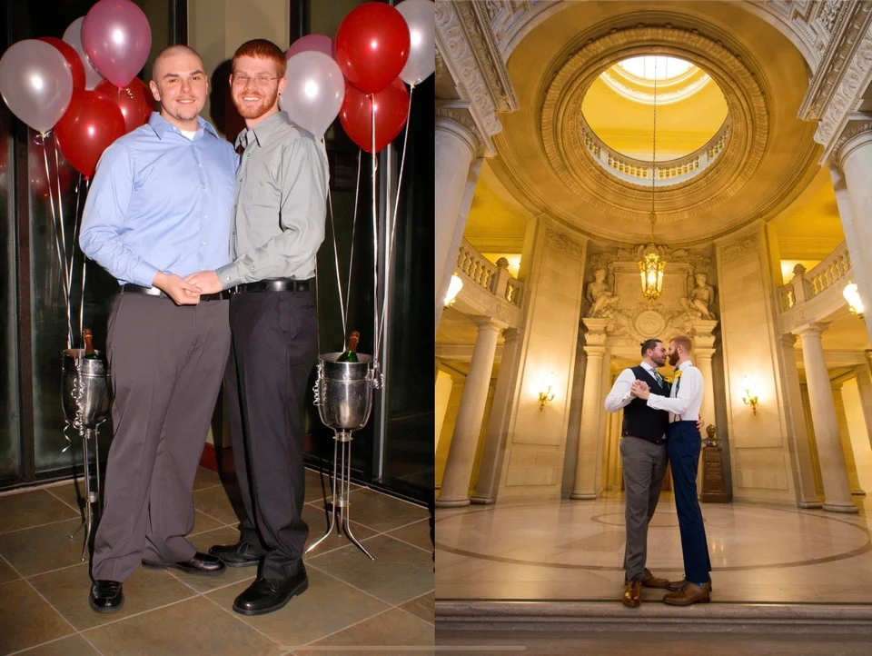 a two-photo collage. the first is of two men who are holding hands and posing in front of balloons. it was taken in 2006. the second is of the same men in 2016, now married. they have their arms wrapped around each other like they're dancing. they are standing in a large room. 