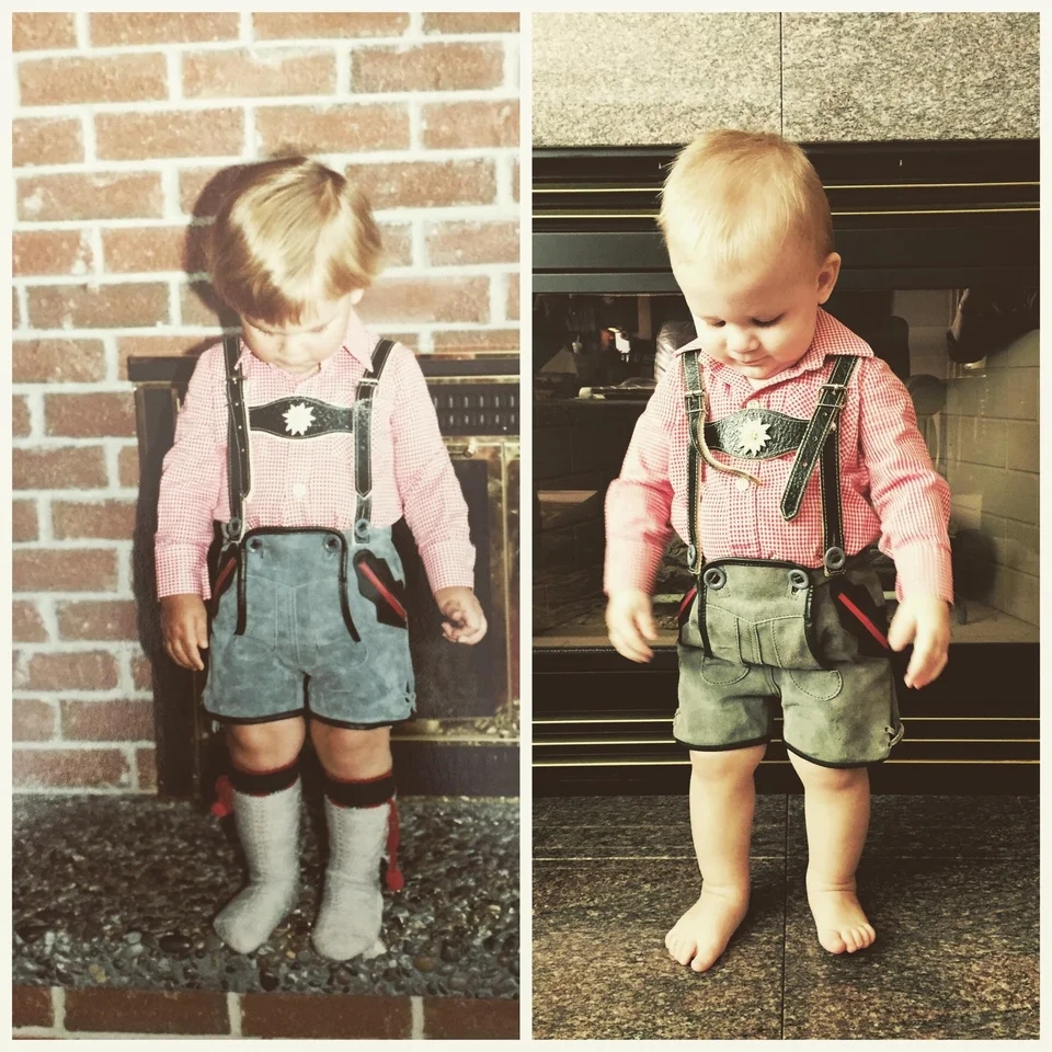 a two-photo collage. the first is of a little boy looking down at the lederhosen he is wearing. the second photo was taken 30 years later. it shows a little boy, the son of the person in the first photo, looking down at the same lederhosen his dad wore as a kid.