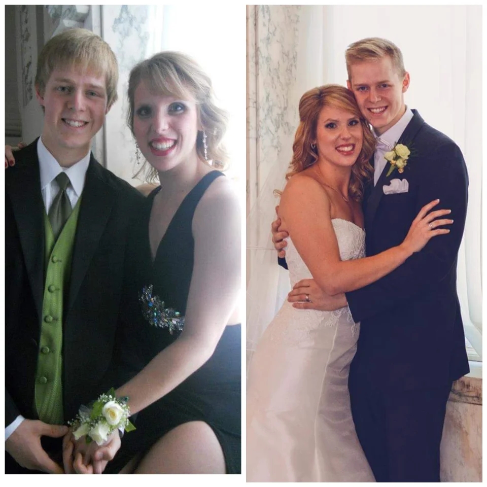 a two-photo collage. the first is of two teens, a man and a woman, posing for a prom photo. the second is of that same man and woman, now adults, posing for a wedding photo.