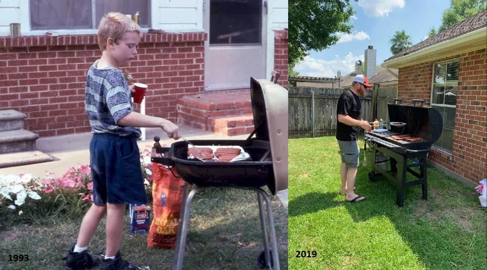 a two-photo collage. one is of a 7-year-old boy cooking on a grill. the second is of that same boy 26 years later, grilling once more.