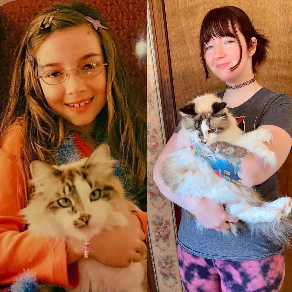 a two-photo collage. the first is of a little girl smiling as she holds a cat. the second is of that same girl, 16 years later, holding that same cat.