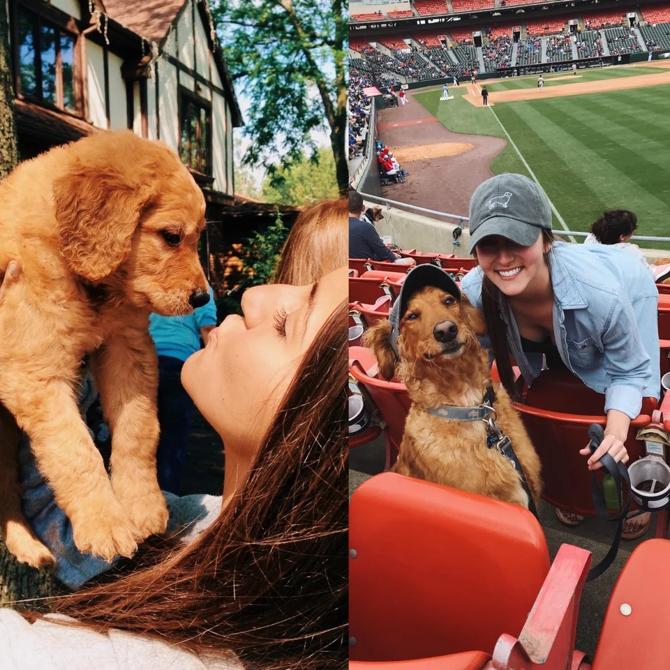 a two-photo collage. the first is of a woman making a kissy face at the small puppy she's holding in the air. the second is of that same woman, eight years later, posing in a baseball stadium with that same dog. they're wearing matching gray baseball caps.