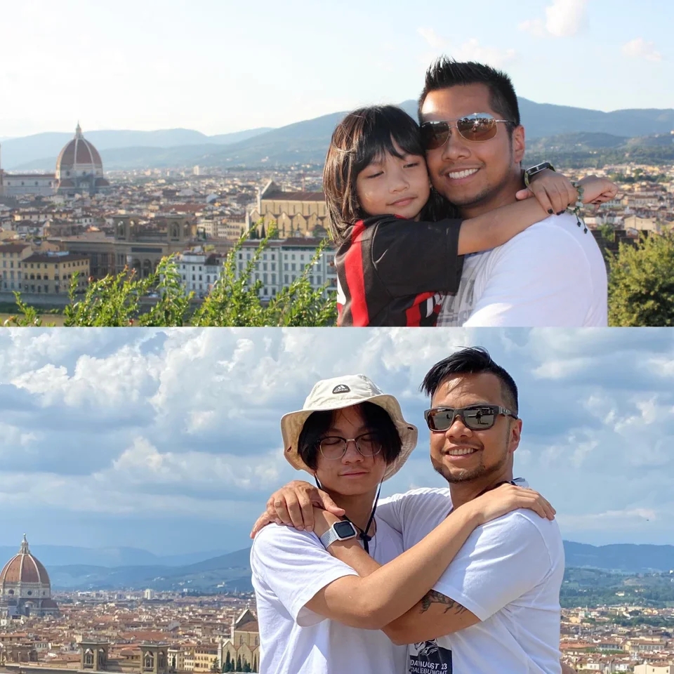 a two-photo collage. the first is of a man smiling as he holds his little boy in his arms. behind them is a scenic view of florence, italy. the second is of the same man with his little boy who is now 10 years later. they're recreating the pose from before and are in the same location in florence.